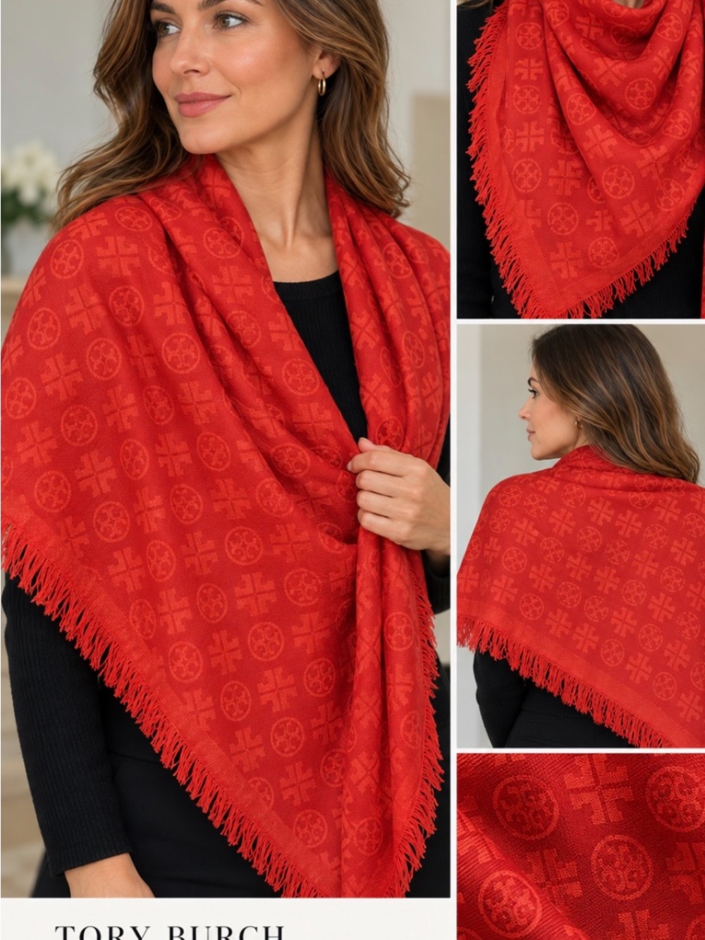 Tory Burch Red Jacquard Fringe Shawl Wrap